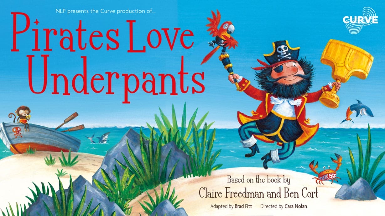 An illustration from the book Pirates Love Underpants - a pirate wearing y-fronts jumps in the air.