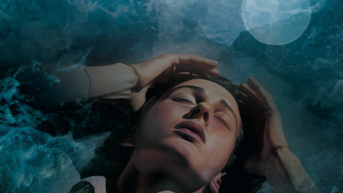 A painting of a man with closed eyes and his hand on his head. The colours in the image are blues and greens, as if of the sea.