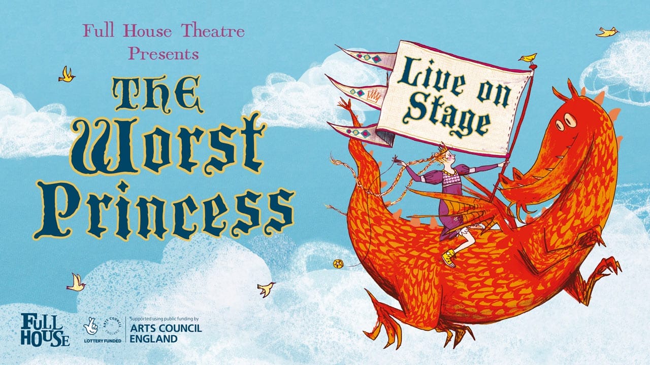 An illustration from the book The Worst Princess by Anna Kemp, showing a princess riding a large orange dragon.