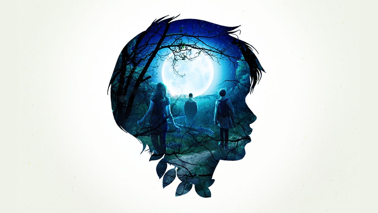 An illustration of silhouette of a head in profile, inside which is an image of three figures walking through a forest towards a bright full moon.