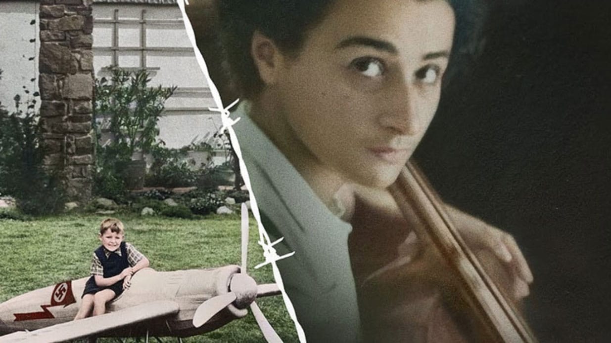 Two images divided by barbed wire. On the left, a child sits in a large model airplane. On the right, a young person looks at the viewer whilst holding a cello.