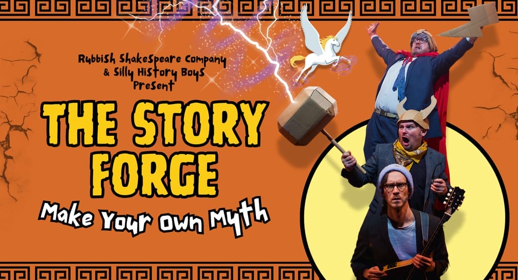 A bright orange illustrated image with the title 'THE STORY FORGE' is written in bold and the a picture of the three performers placed next to it.