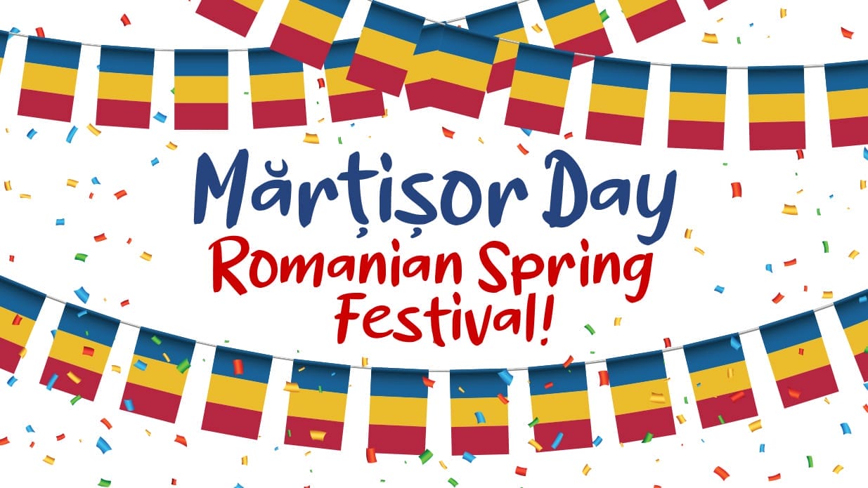 Lots of Romanian flags on a white background. Text on the image reads Martisor Day Romanian Spring Festival