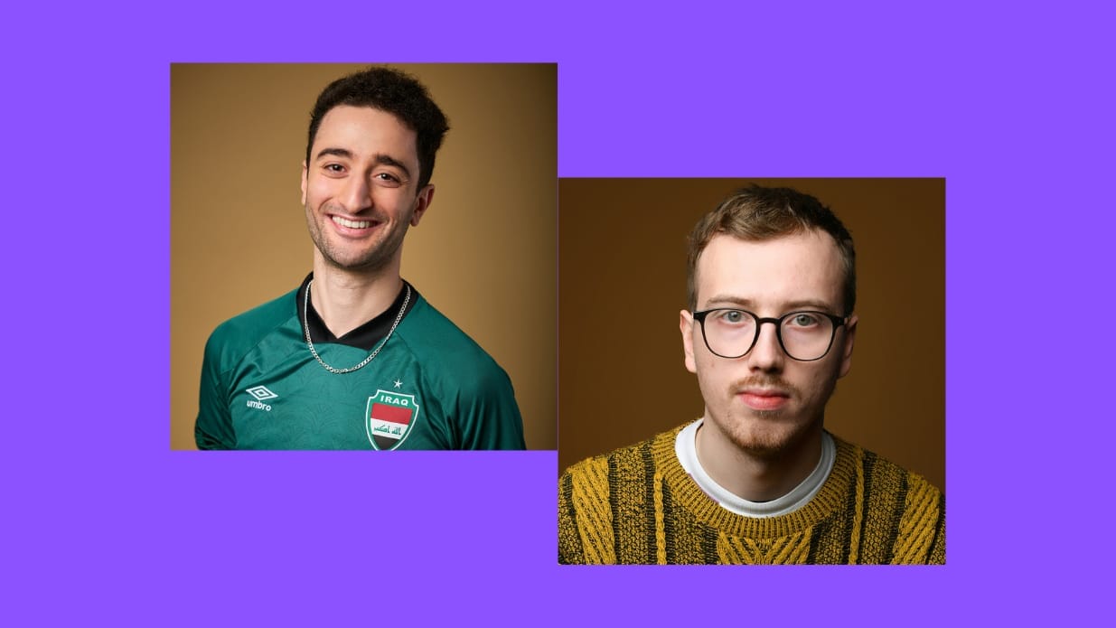 Square headshots of Hasan Al-Habib, who has dark hair and is wearing a football top, and Eric Rushton who has a beard and glasses.