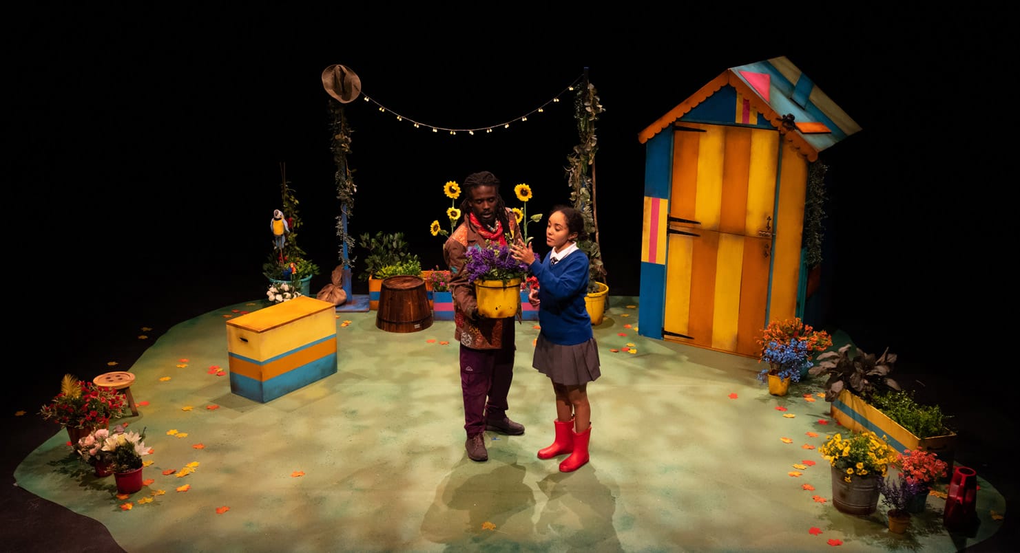 A wide shot of a stage set for