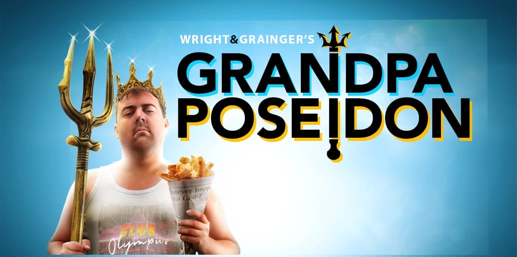 Man in crown & tank top holds fries and trident next to 