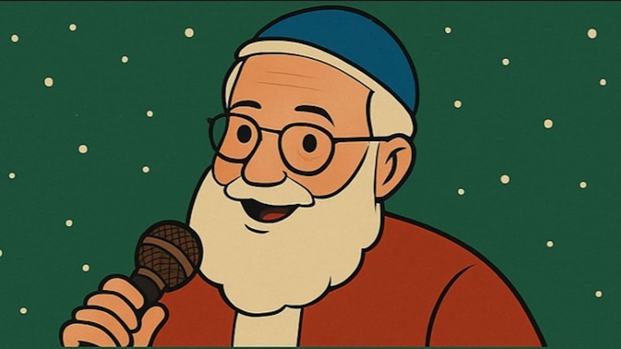 An illustration of a jolly man wearing red with white hair and a white beard, holding a microphone.