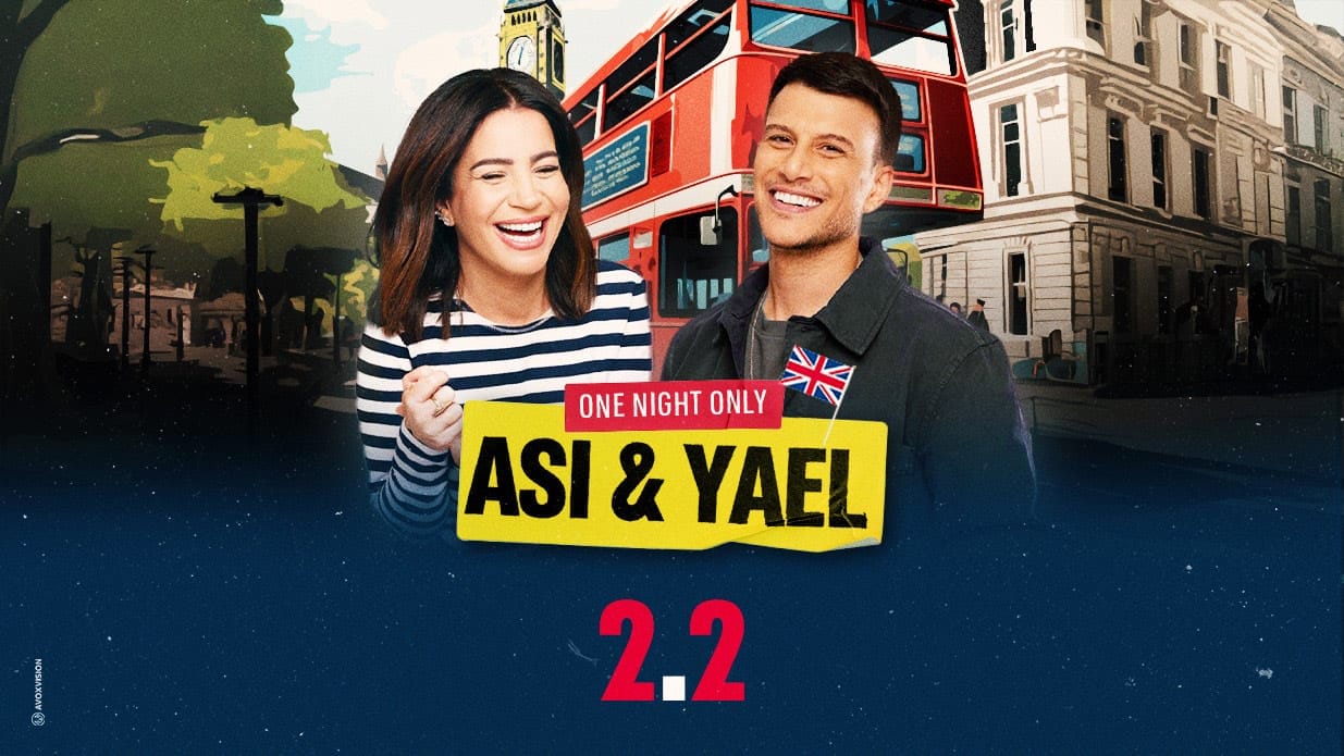 An image of comedians Asi and Yael with a red London bus behind them.